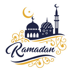 Design a festive logo for Ramadan, incorporating traditional elements like a mosque silhouette with domes and minarets, while using a modern font for the word &lsquo;RAMADAN&rsquo;