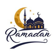 Design a festive logo for Ramadan, incorporating traditional elements like a mosque silhouette with domes and minarets, while using a modern font for the word ‘RAMADAN’