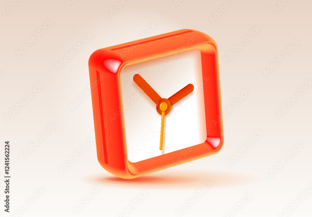 Poster square clock icon in 3d vector style, with gloss effect. orange time on light background. color watc