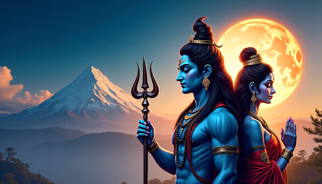 Lord Shiva and Goddess Parvati standing against a mystical mountain backdrop