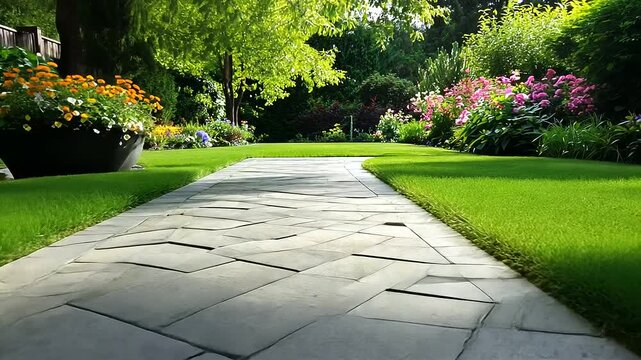 Smooth gray concrete pavers arranged in a precise herringbone pattern, surrounded by lush green grass and blooming flowers in a serene garden setting.