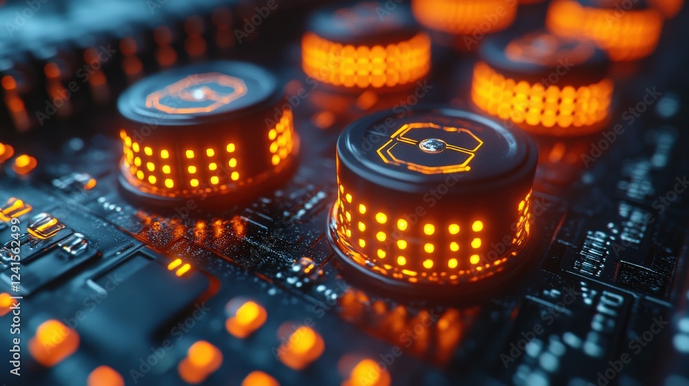 Aufkleber close-up of illuminated control knobs on a high-tech circuit board showcasing intricate details