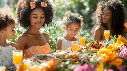 Family brunch, garden, spring, joyful, celebration, togetherness, food, flowers