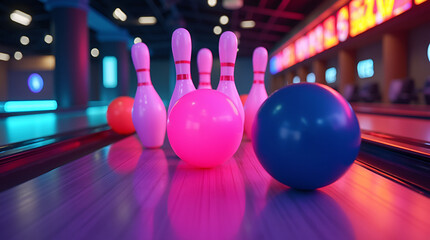 Naklejka premium Polished orange bowling ball reflecting vibrant lights on a lane in a modern bowling alley, capturing the excitement of recreational sport.