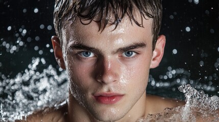 Dynamic water splash portrait swimming pool photography nighttime close-up youthful expression