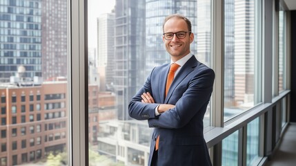 Fototapeta premium CEO in a tailored suit, standing confidently with arms crossed, in a sleek modern office