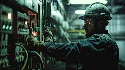 electrican at the work, close up ofa worker with helmet at the workstation