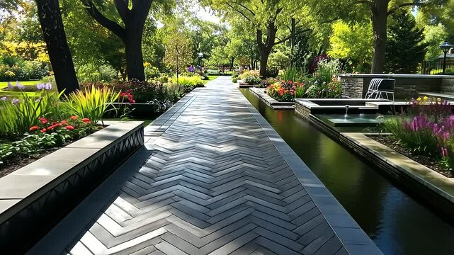 Elegant concrete pavers in a herringbone pattern, seamlessly integrated into a landscaped path with colorful flowerbeds and a tranquil water feature nearby.
