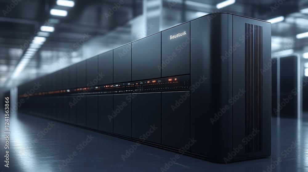 Poster high-tech computing facility showcasing advanced server technology with illuminated panels