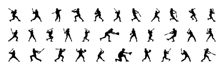 Baseball player silhouettes set. Group of people playing baseball. Vector illustration.