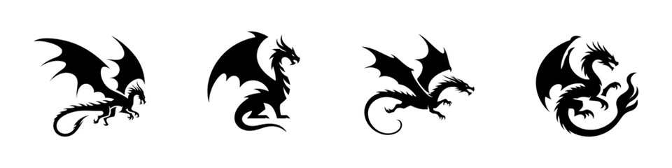 Dragon silhouettes set. Black dragon collection. Vector illustration.