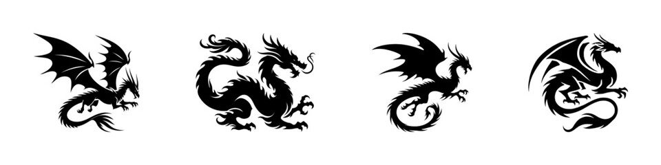 Dragon silhouettes set. Black dragon collection. Vector illustration.