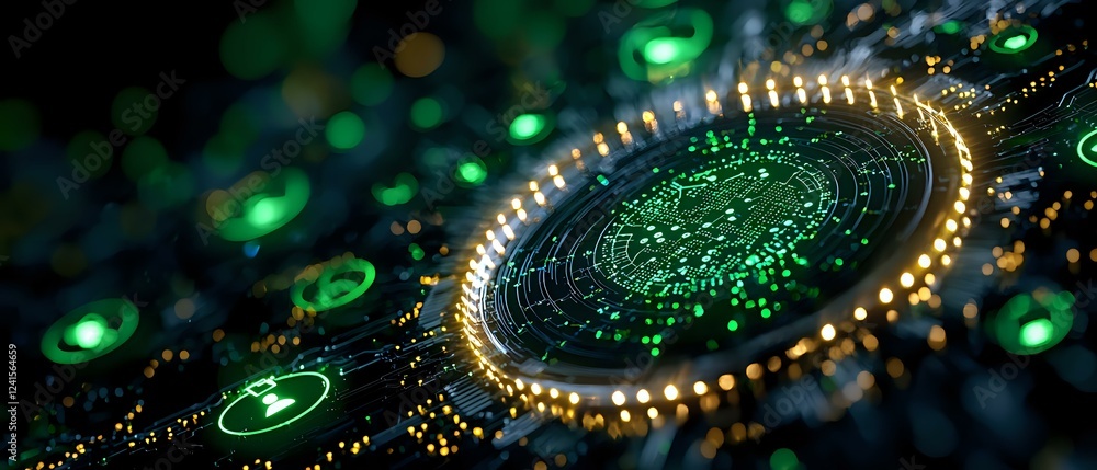 Poster glowing green and gold circular technology pattern with luminous elements on dark background, futuri