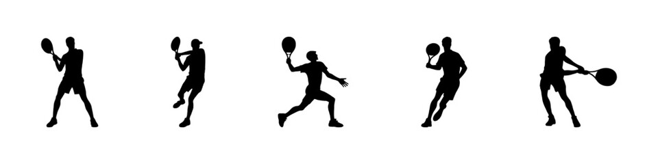 Tennis players silhouette set. Player with racket collection. Vector illustration.
