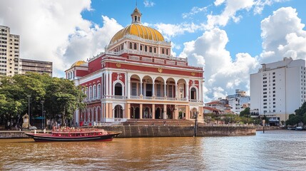 Obraz premium Bright images of Manaus Teatro Amazonas and the Meeting of Waters emerge in detail. White background.
