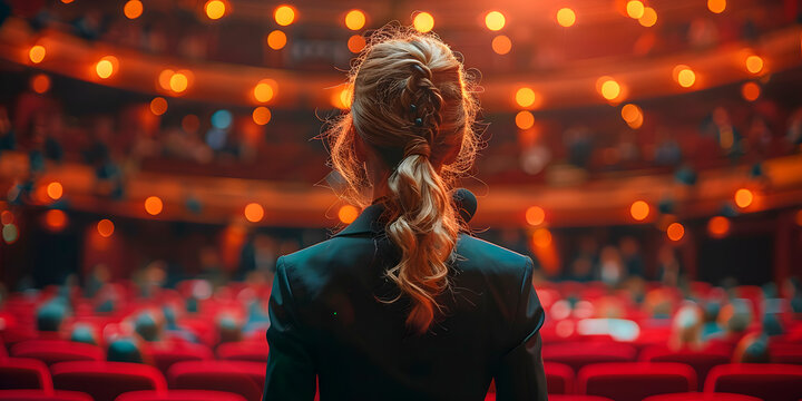 Joven mujer dando un discurso frente a varias personas