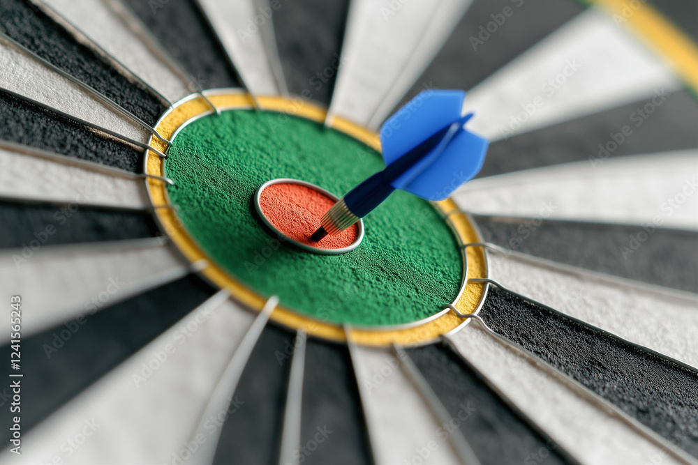 Poster dartboard with dart in bullseye. blue dart hitting the bullseye on a dart board close-up shot of dar