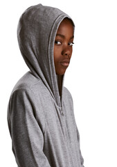 Portrait, fashion and serious black child with hoodie isolated on a transparent png background....