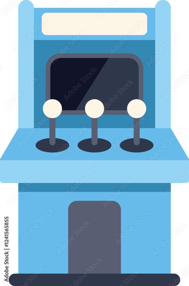 Poster blue arcade game machine with three joysticks and blank screen displaying playing fun and entertainm