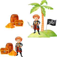 Pirate kid with a treasure chest, palm trees, and a waving flag, bringing the spirit of adventure. This watercolor pattern is perfect for tropical or corsair party invitations, and kids clothing.
