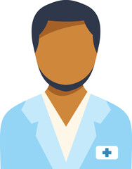 Male medical professional is wearing light blue lab coat and identification badge with medical cross