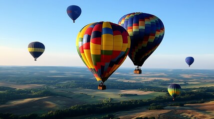 Hot air balloons floating over a beautiful countryside, with vibrant colors contrasting against the clear sky