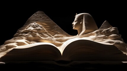 Egyptian landmarks like Abu Simbel and Karnak temples emerge artistically from an open book.
