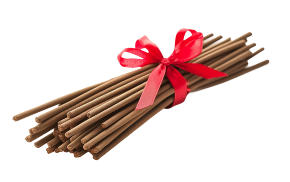 A Sacred Bundle of Incense Sticks Wrapped in Red Ribbon Isolated On Transparent Background.