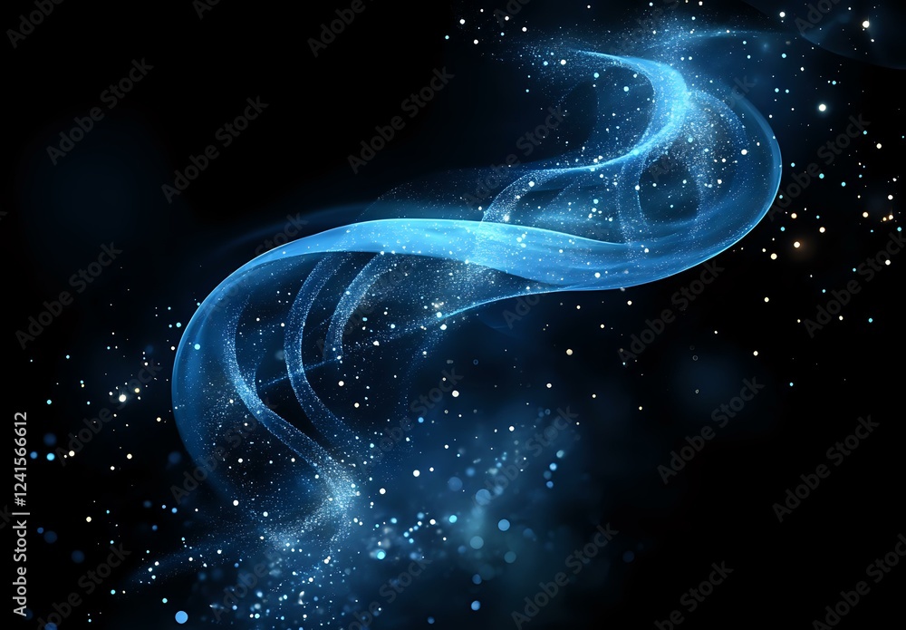 Poster glowing blue ethereal wave with sparkles and light particles flowing through dark space, creating ma