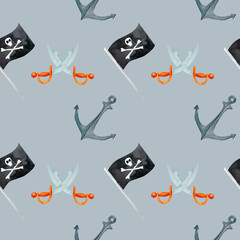 Crossed sabers paired with an anchor and a Jolly Roger, creating an adventurous and daring aesthetic. This watercolor pattern suits themed parties, gift wraps, or custom poster designs.