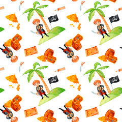 Pirate-themed pattern featuring a boy adventurer, treasure chest, weathered map, and a palm tree. Watercolor design perfect for invitations, fabric, or classroom decorations.