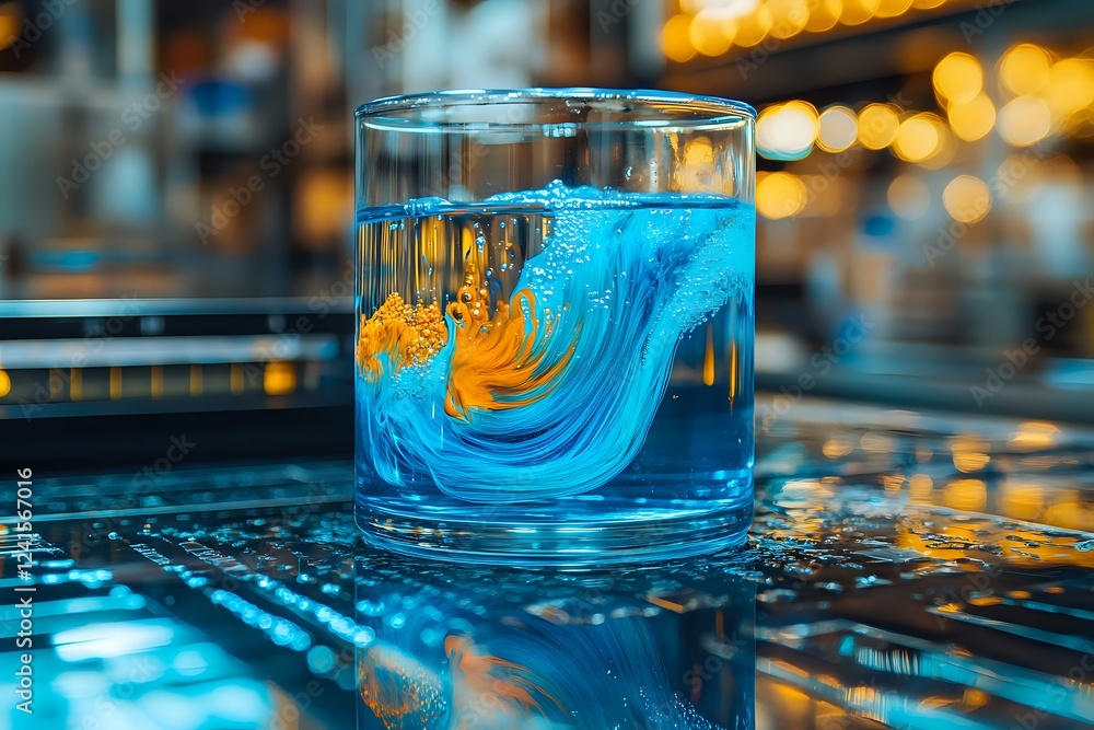 Poster vibrant blue liquid creating dynamic swirls in glass with golden bokeh background, artistic macro ph
