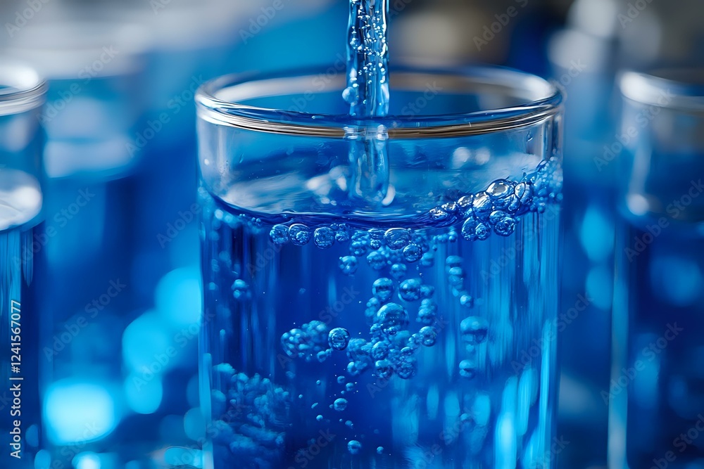 Poster stream of water pouring into glass with rising bubbles against blue bokeh background, creating dynam