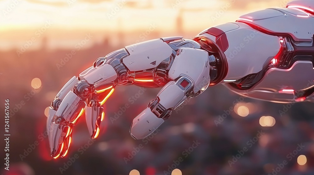Poster exploring robotic arm technology in urban landscapes futuristic concepts artificial intelligence hig