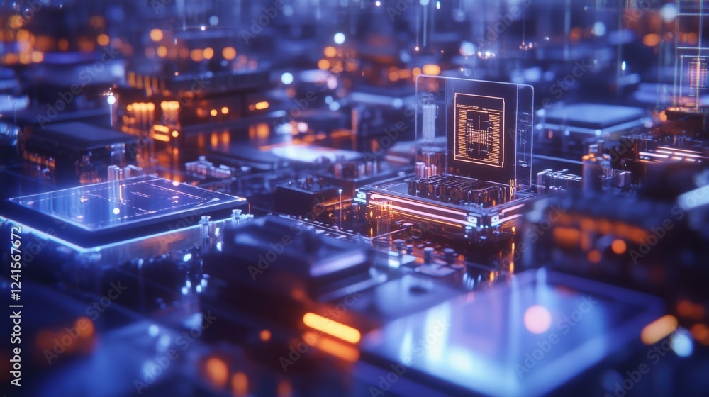 Poster complex integrated circuit manufacturing process showing a futuristic printed circuit board with glo