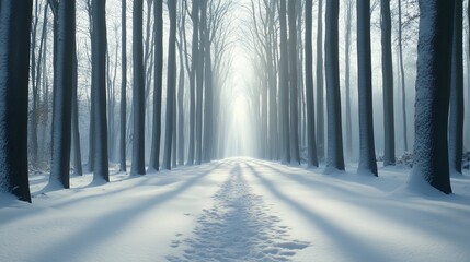 Fototapeta premium A snow covered path through a tall forest, creating a serene winter wonderland, perfect for a peaceful walk