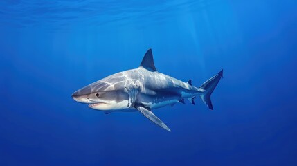 Fototapeta premium Swimming action of a great white shark in the ocean underwater photography marine environment blue perspective
