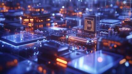Fototapeta premium Complex integrated circuit manufacturing process showing a futuristic printed circuit board with glowing components, highlighting innovative semiconductor technology and advanced electronic design
