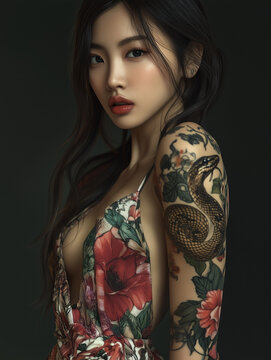 Digital portrait of a beautiful Thai or Chinese lady with snake tattoo and silk dress with floral pattern, long hair, looking at the camera, Asian model posing on dark background, elegant young woman 