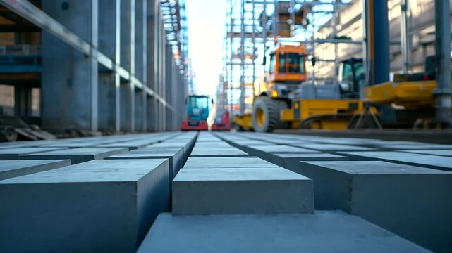 Precise rows of hollow concrete blocks stacked on a concrete floor, surrounded by scaffolding and construction equipment in the background.