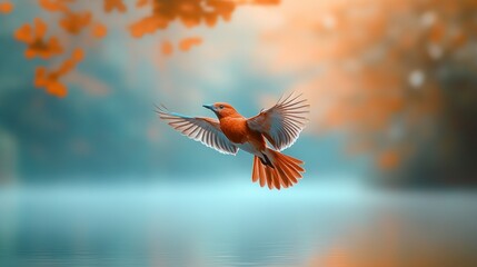 Bird in flight over autumnal lake