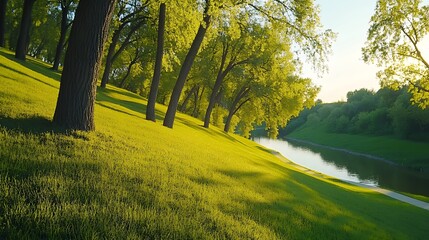 A peaceful park with lush green grass and trees beside a calm river, basking in the warm sunlight