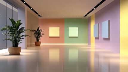 Contemporary art display modern gallery interior design minimalist environment wide angle view aesthetic inspiration