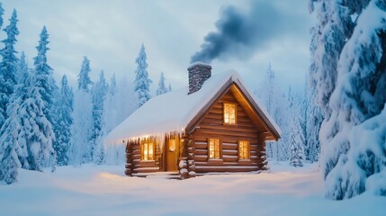 Naklejka premium A cozy log cabin with smoke from the chimney, surrounded by a snowy forest, exuding warmth and shelter