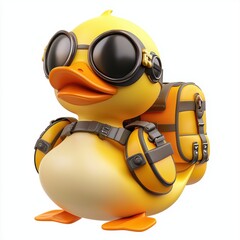 3D icon cartoon of a Rubber Duck with a tiny jetpack and goggles, isolated on white background