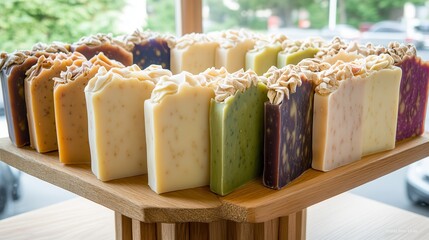 Palm oil shea butter. Colorful artisanal soaps arranged on a wooden stand.
