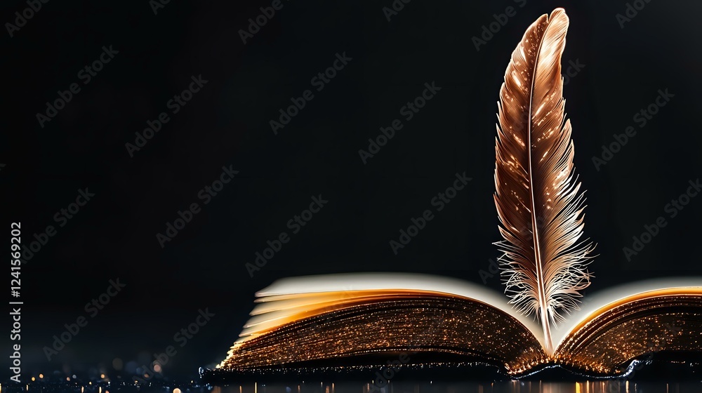 Poster vintage feather quill standing upright in open book with glowing pages against dark background, crea