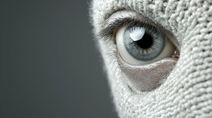 Close-up eye, bandage, grey background, mystery