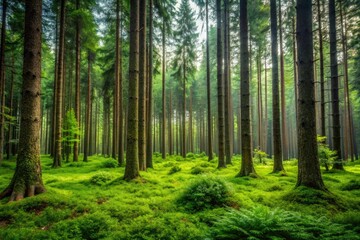 Obraz premium Dense forest with tall trees and underbrush, leaves, wildlife, animals, fauna, environment