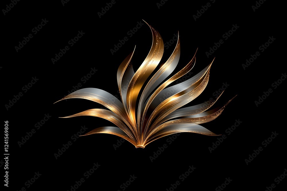 Poster metallic gold and silver feather-like shape floating on black background, abstract artistic design w